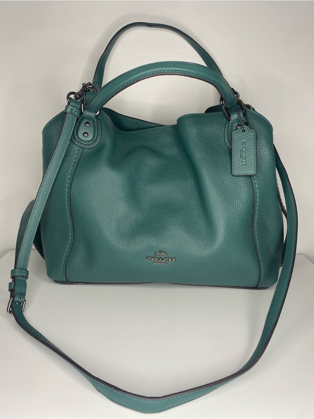 Coach Edie 28 Dark Turquoise Pebble Leather Shoulder Crossbody Bag 57124